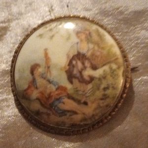 Vintage porcelain couples pin brooche